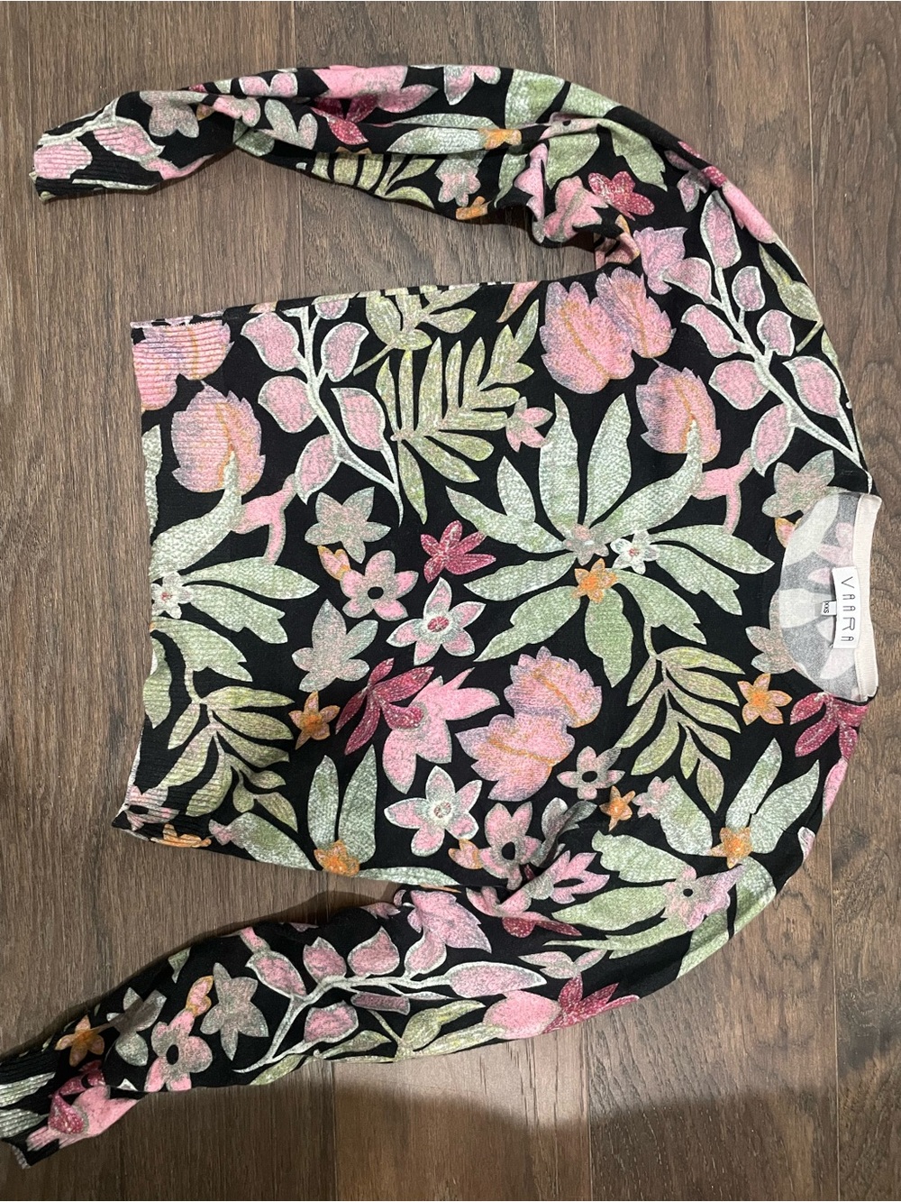 Womens Black Floral Knit Top with Pink & Green Accents